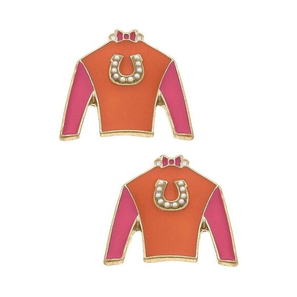 Riva Ridge Jockey Silk Enamel Stud Earrings in Orange & Pink - Picture 1 of 1
